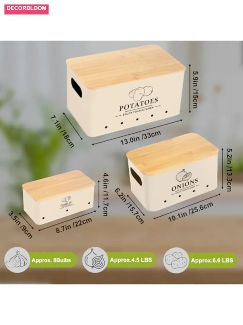 3-Piece Metal Vegetable Storage Set with Bamboo Lids, Aeration Holes, Kitchen